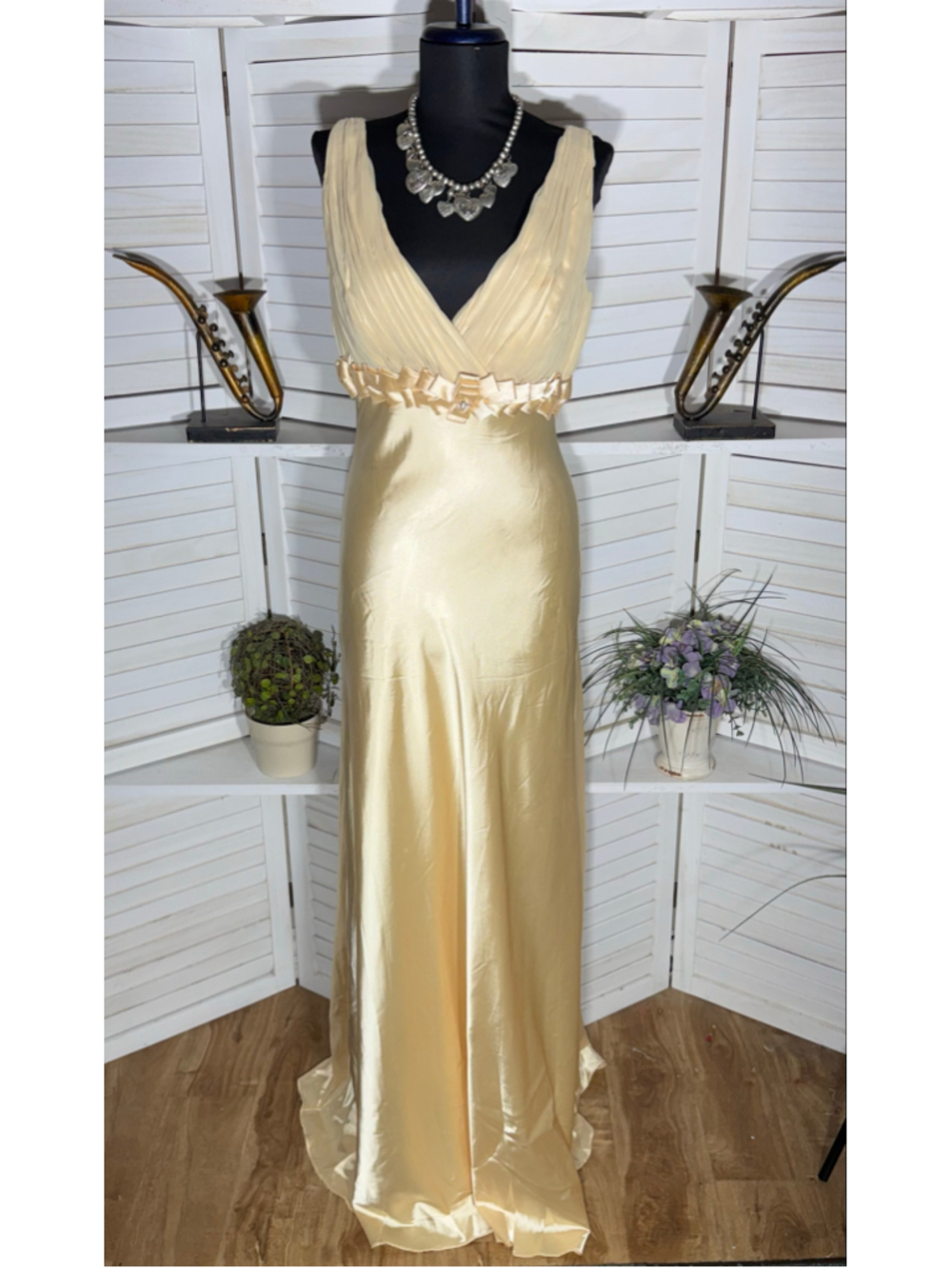 Vintage 90s prom dress golden satin open back mermaid formal homecoming fairy S
